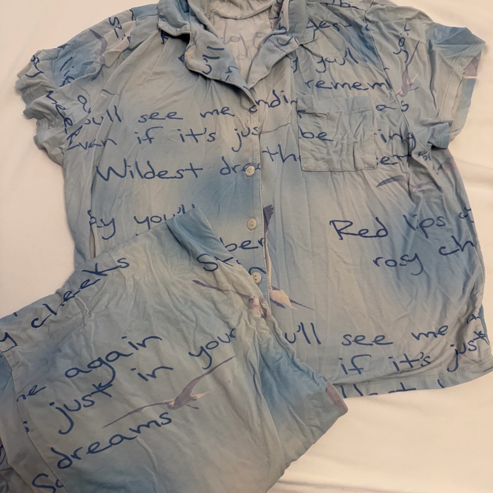 Light Blue Script Print Pajama Set